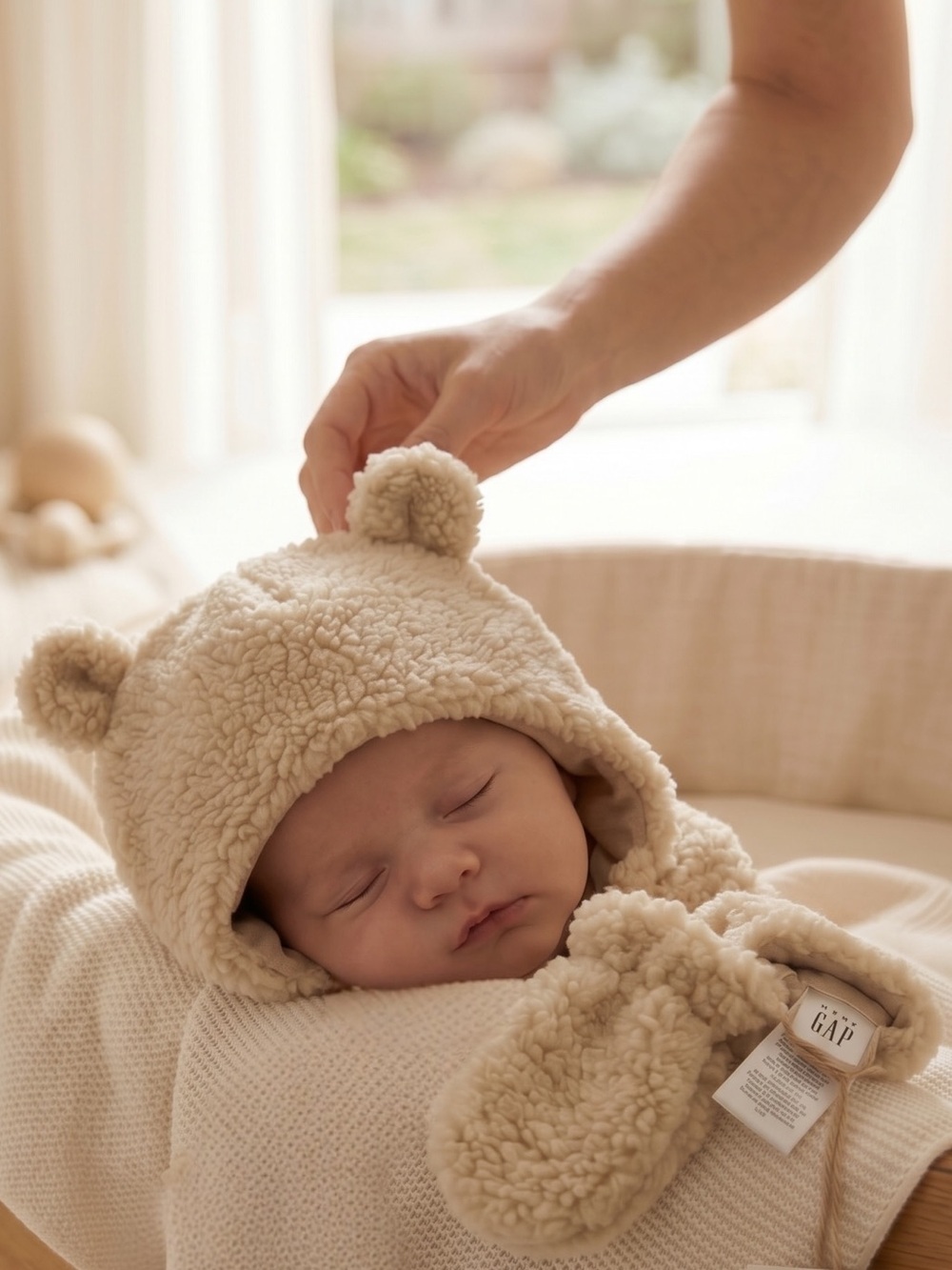 GAP Beige Sherpa Baby Hat with Bear Ears and Mittens